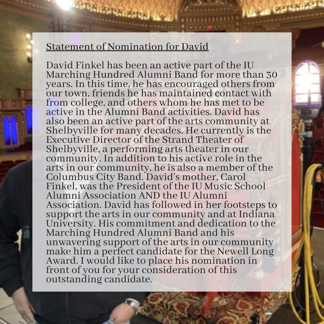 IUMHAB's tweet image. Congratulations to Marching Hundred alumnus David Finkel on receiving the 2022 Newell Hillis Long Award!
#IUAlumni 🎵🎓❤️🤍🏆