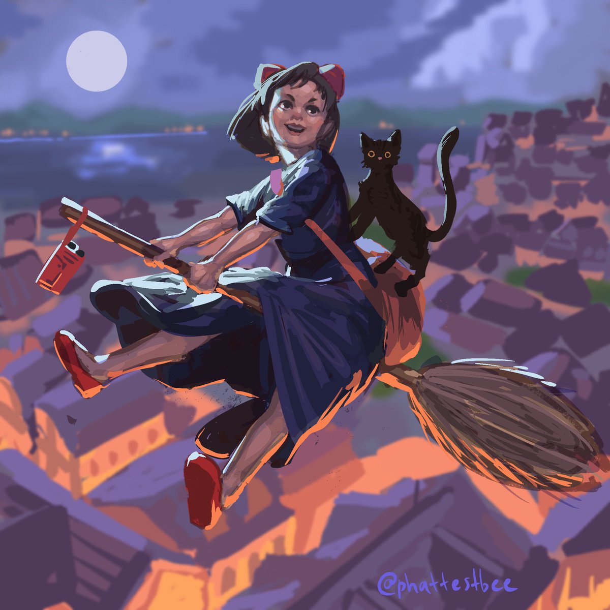 phattestbee's tweet photo. Here’s my submission for @drawtober ‘s second prompt, #midnightdelivery I’ve always loved #ghibli and #kikisdeliveryservice was the first film of theirs I watched!
#drawtobermidnightdelivery #ghibliart #ghiblistudios #art #digitalart #procreateart #fanart https://t.co/obbVuTxMIq
