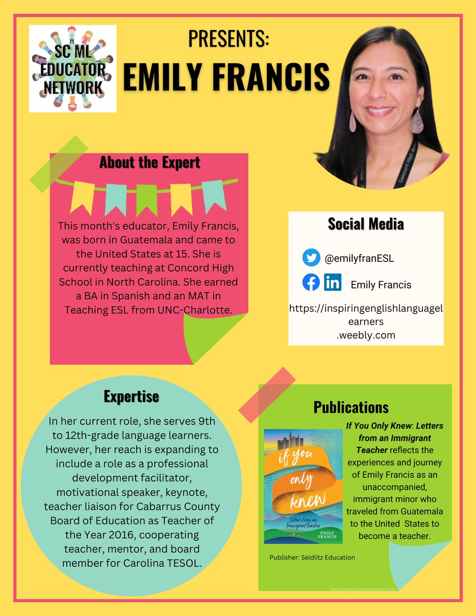 Meet October's expert of the month, @emilyfranESL. The timing is perfect for the #ifuonlyknewbook club sponsored by the SCDE MLP Team and @SC_MLE. We are so grateful that she has chosen to write her story, and may you all empower your students to share theirs.