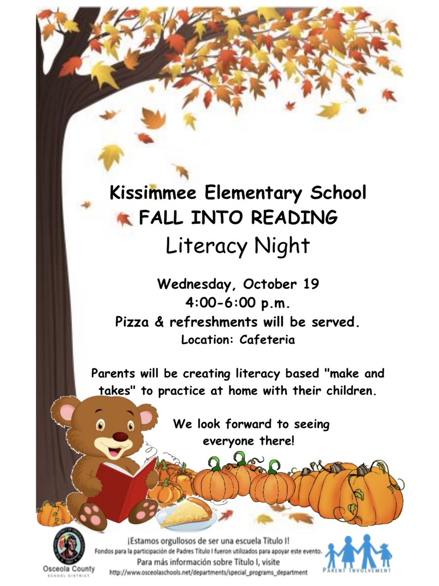 KMES families, October 19th, from 4-6 pm we will be having 📖 Literacy night 📚! Eat some 🍕 pizza  🍕 and snag some take aways to practice reading at home! Can’t wait to see you there!!