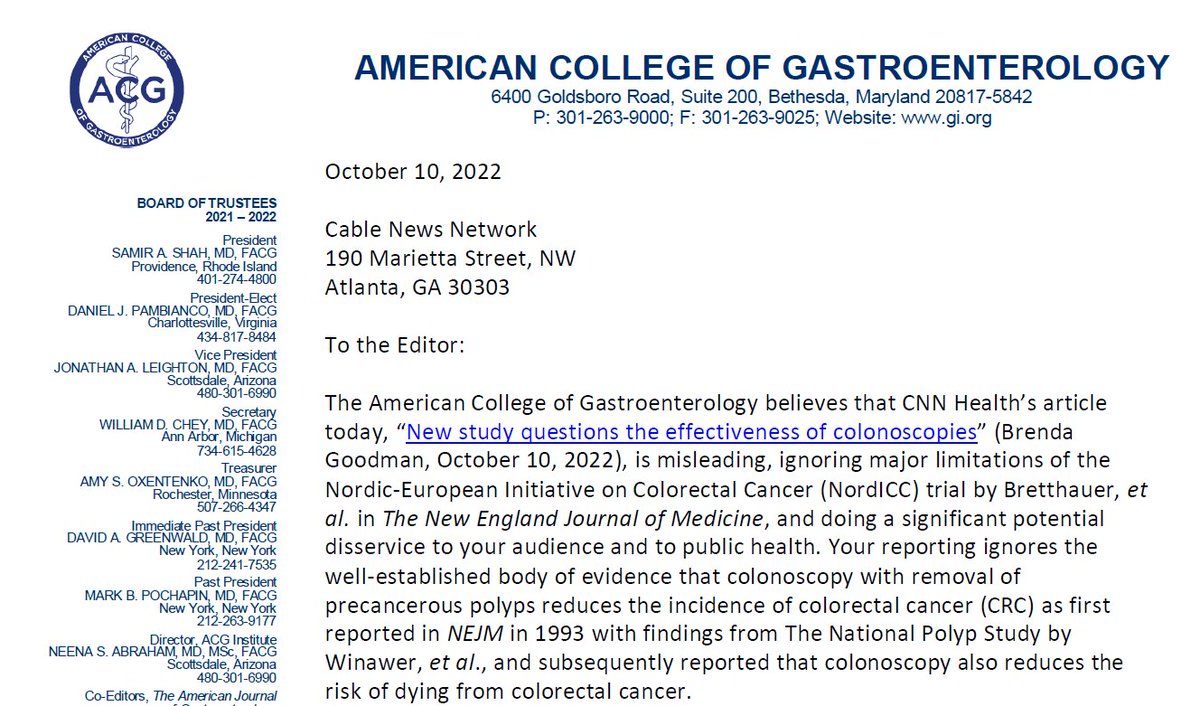 ACG today reacted with a Letter to the Editor of @CNN on misleading story re: NEJM NordICC #Colonoscopy trial CNN's coverage does a significant potential disservice to public health and fails to convey limitations of the analysis of the NordICC trial >> bit.ly/ACG-to-CNN