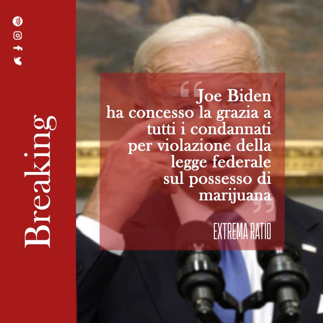 ⚖️ Biden ha deciso di concedere la grazia presidenziale a tutti i condannati per violazione della legge federale sul possesso di marijuana. Ci informa il <a href="/nytimes/">The New York Times</a> che questa scelta produrrà la cancellazione della pena a circa 6500 persone
attualmente detenute.