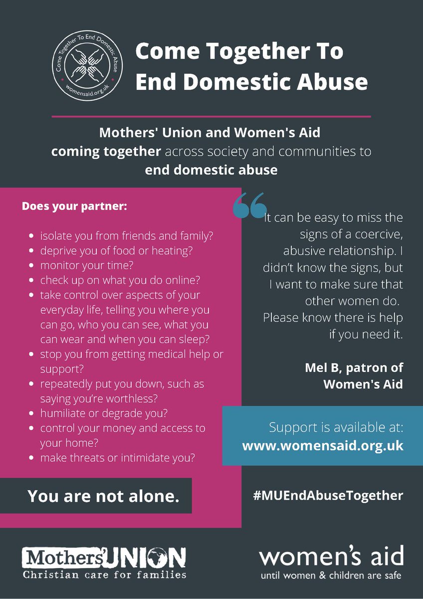 MothersUnion's tweet image. Mothers’ Union is launching an exciting partnership with @womensaid tomorrow, on @UN 's International Day of the Girl Child. Let’s all work together to end domestic abuse! mothersunion.org/partnerships/w… #InternationalDayOfTheGirlChild  #EndAbuseTogether  #MUEndAbuseTogether @UN_Women