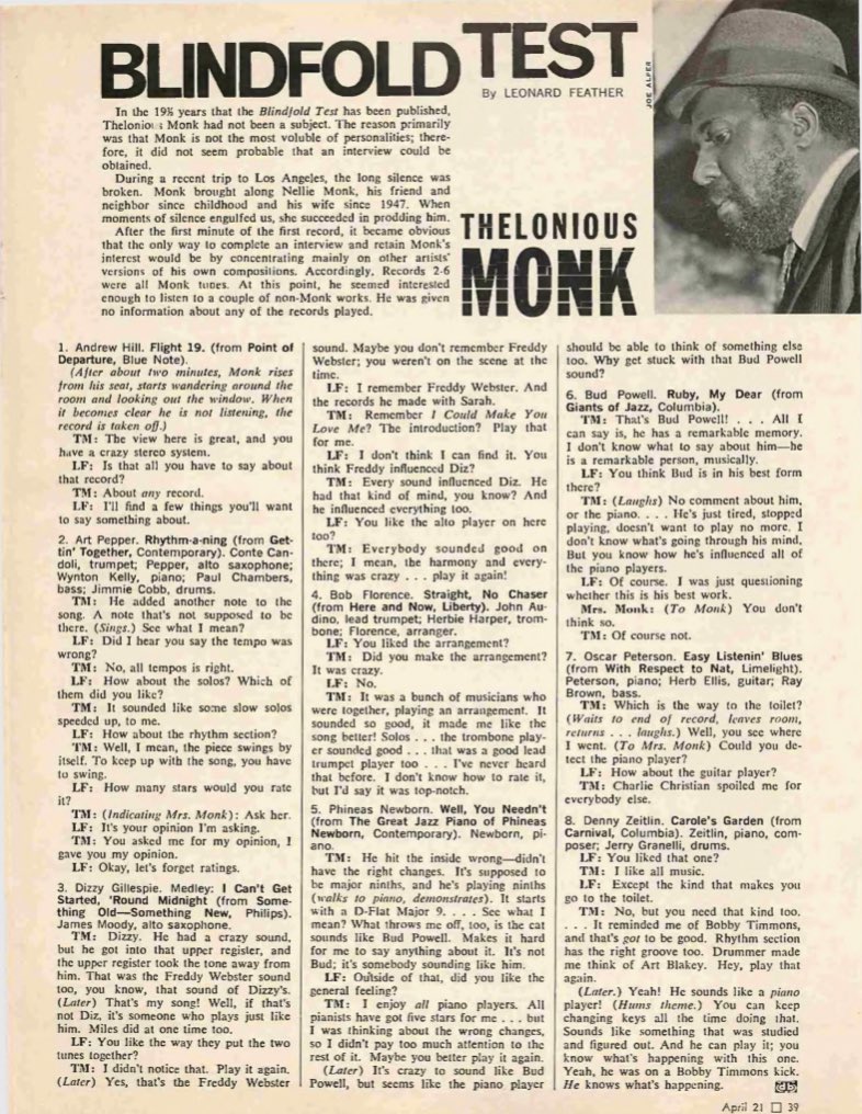Thelonious Monk, Downbeat Blindfold Test, April 1966