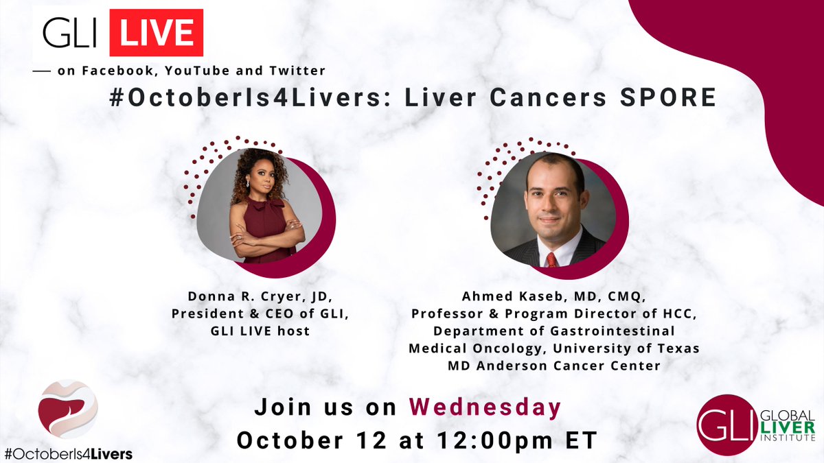 GlobalLiver's tweet photo. Join us on tomorrow at 12:00pm ET for another episode of #GLILIVE.
Our host, @dcpatient, is joined by Ahmed Kaseb, MD, CMQ from @MDAndersonNews, one of the head Project Investigators - PI’s - focusing on #livercancer SPOREs.
#OctoberIs4Livers https://t.co/3RboOl3Q8V