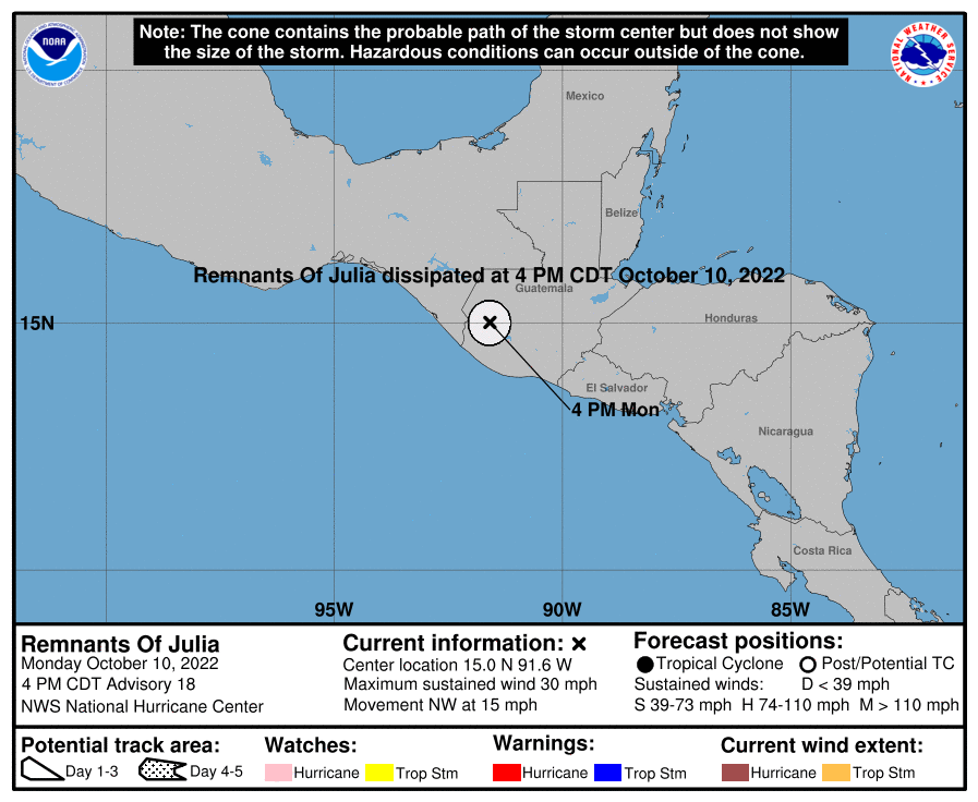 MOISESURBINA's tweet photo. ULTIMA ACTUALIZACION de JULIA. Julia es ya solo un REMANENTE. 
Ha perdido toda su definicion y se disipo como depresión, cerca de la frontera con Mejico, esta tarde.
@elnoticiero_6 https://t.co/E5TVzVs1mE