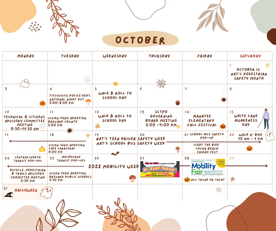Outreach events, Pedestrian Safety Month, and Mobility Week, oh my! Fall is officially here and we are SO excited to share some of our upcoming public involvement opportunities. 👀🍂😍 To learn more about our upcoming events, visit spacecoasttpo.com/public-partici…