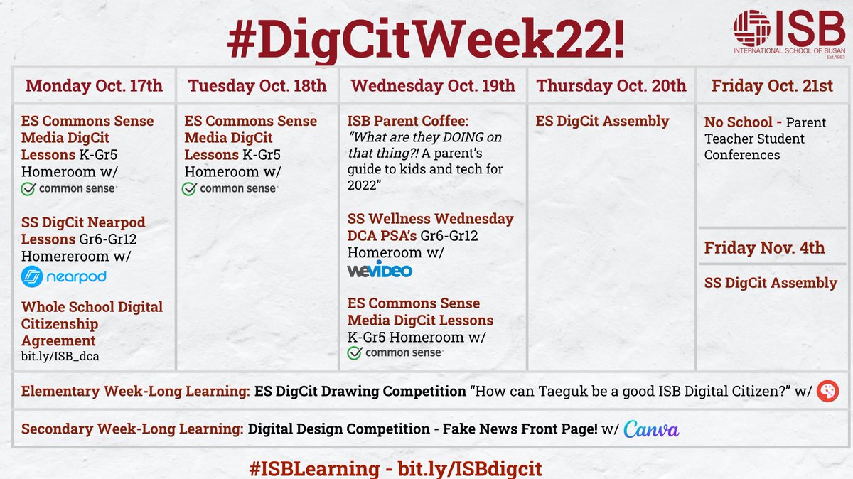 dale_rickardo's tweet photo. Digital Citizenship Week 2022 is next week @ISBLearning! Across the whole school community we will be celebrating what it means to be Safe, Responsible and Respectful online while building our skills with some of our favourite #edtech tools!
#digcitweek22 #digitalcitizenship https://t.co/JOisHEklOl