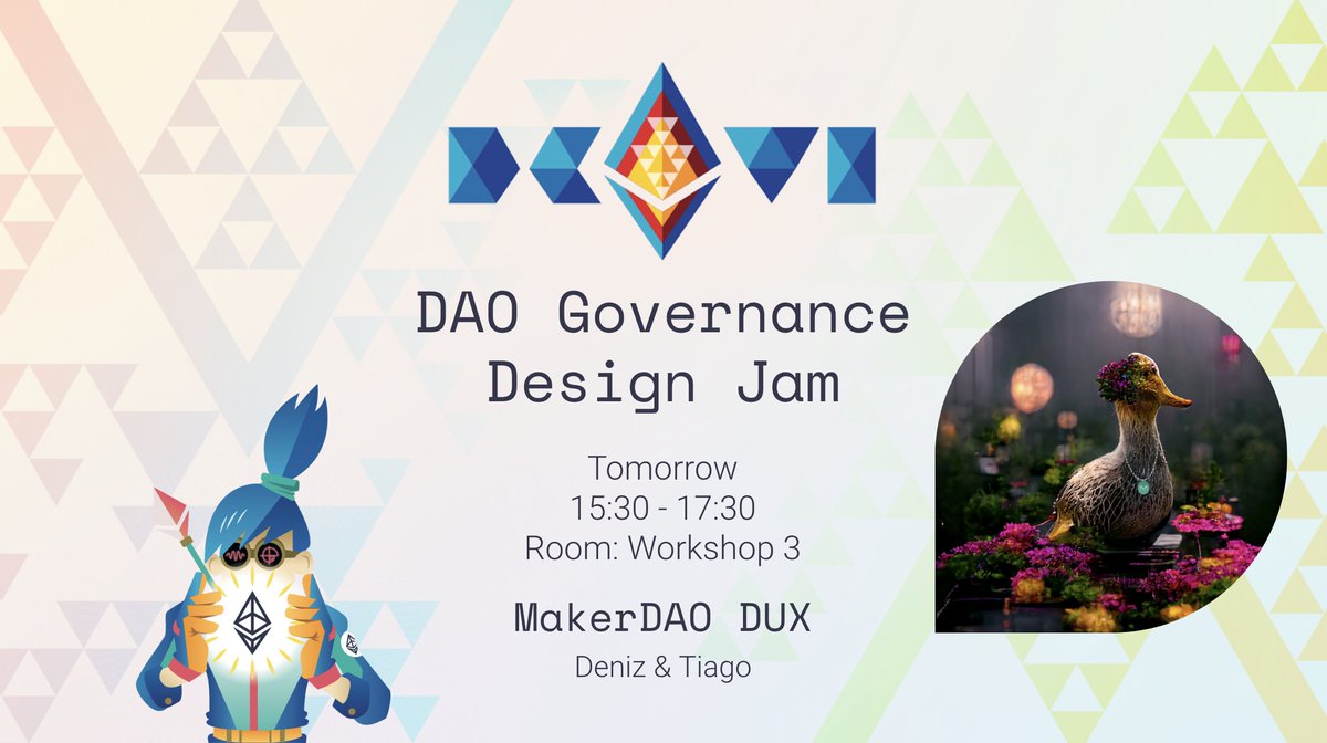 MakerDUX's tweet photo. Mañana, mañana, mañana! 🇨🇴
Come jam with us at @EFDevcon to solve DAO governance challenges.
https://t.co/g7Rhwbaqyz

Tomorrow
15:30 - 17:30
Room: Workshop 3

4 Governance challenges to solve together co-facilitated by @makerdao @radicle @eulerfinance @coordinape
#DevconVI https://t.co/wCJJfwHHPb