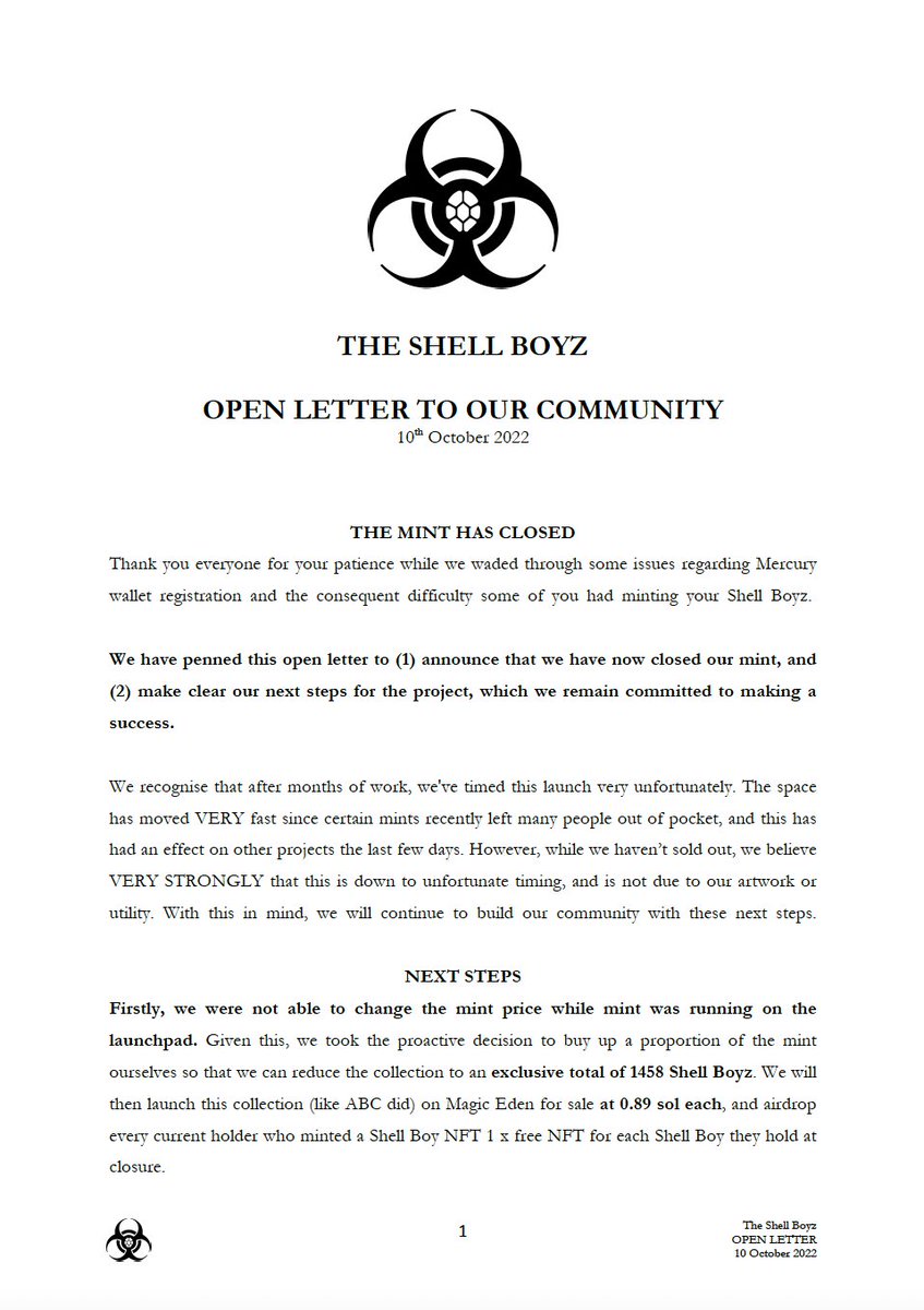 ShellBoyzNFT's tweet image. Mint is Now Closed, and we are live on Magic Eden: magiceden.io/marketplace/sh…

Please read this Open Letter to our community following early mint closure and a reduction in our collection size.

We remain excited by the opportunity this pivot could offer us! Let's fly, Boyz.

#NFTs