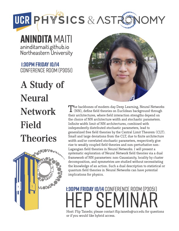 Upcoming seminar: <a href="/AninditaMaiti7/">Anindita Maiti</a> is a graduate student at <a href="/Northeastern/">Northeastern University</a> and <a href="/iaifi_news/">IAIFI</a> (adviser: <a href="/jhhalverson/">Jim Halverson</a>). She'll be presenting her work on #NeuralNetworks and QFT.

aninditamaiti.github.io