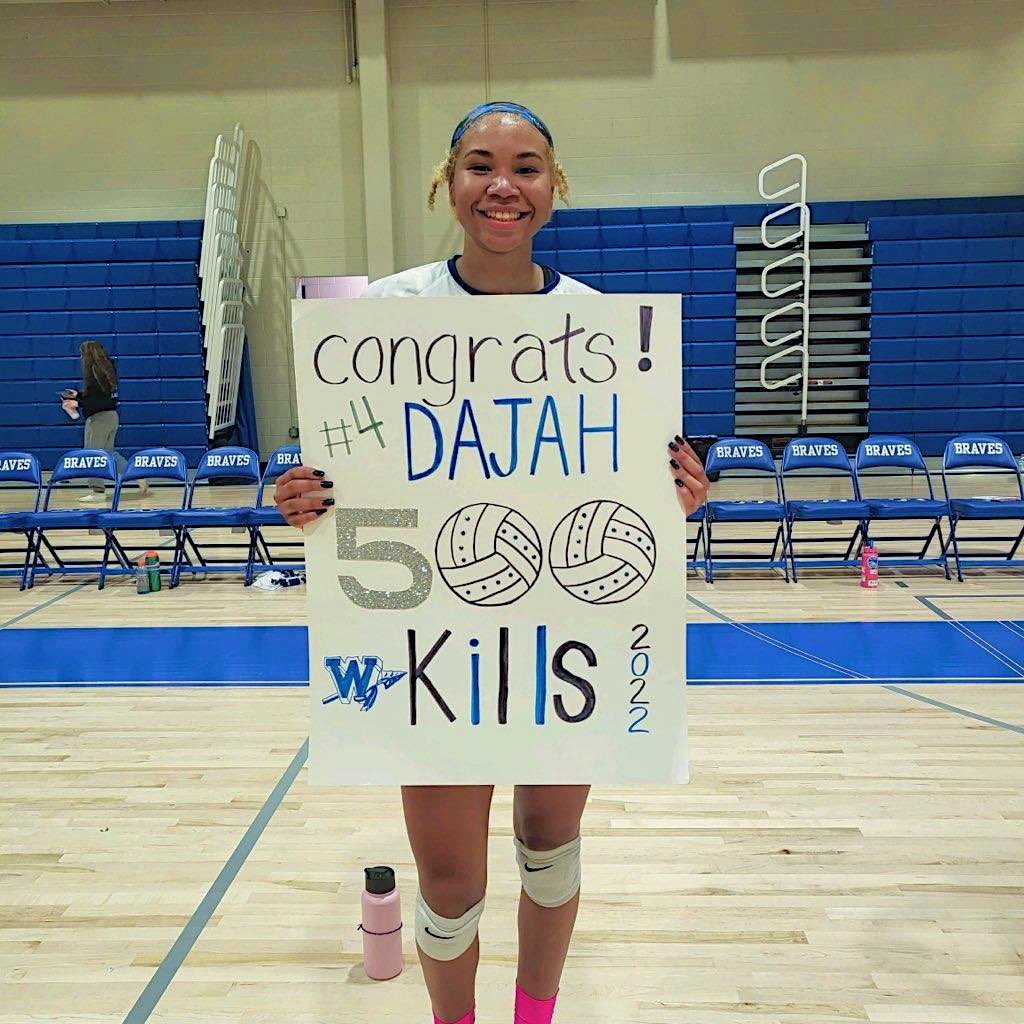 DajahWilliamsVB's tweet photo. Blessed to reach 500 kills so far in my career! So proud of my team’s accomplishments and successes! #whsbraves #williamstownvolleyball @Latashafw1408 @DavidWi20048143 https://t.co/5mxCynVawI