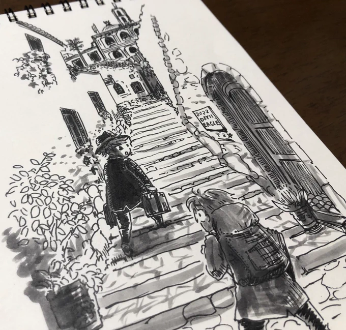 おはようございます
鷲を描こうかなとも思ったのですがせっかくなのでこの前の旅の続きでも。海山と街並みの美しい場所。
オルフェさんに泊まるとこまだ上だよと言われて絶句するハルミさん 