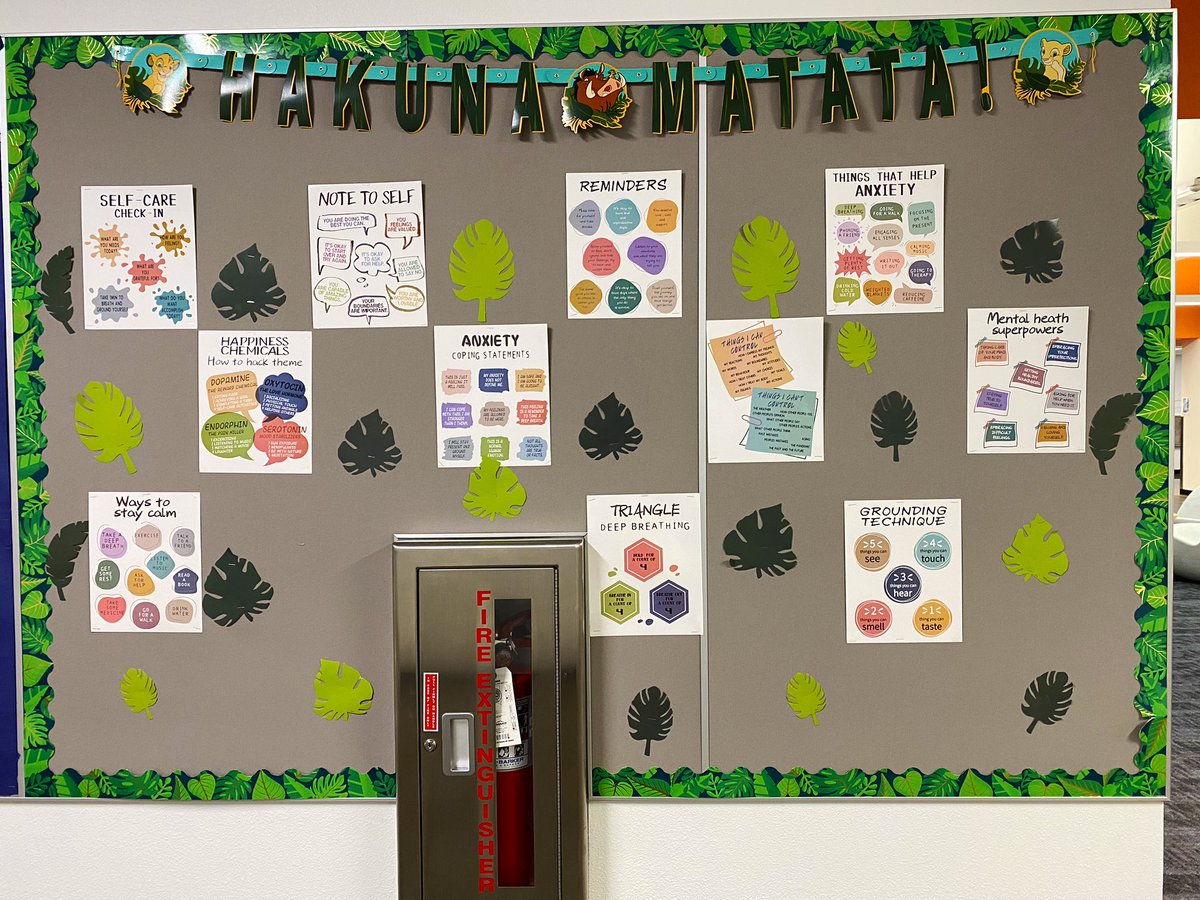 Ms_Alejandra19's tweet photo. Combining my love for mental health, my middle schoolers &amp; the Lion king with this bulletin board! In honor of #WorldMentalHealthDay let’s normalize taking care of our mental health as much as we do our physical health 🦁💙💚 https://t.co/nxVYUUu9Cq