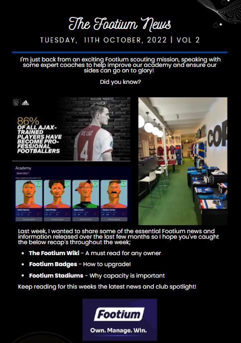 The Footium News - Vol 2

🔧 Latest Footium News &amp; Beta Updates
🎉Community Event - 4 more sleeps!
💰 Footium Sales Info
🙋‍♂️Footium are Hiring a Web3 Developer!
👀Club Spotlights!

#Footium #OwnManageWin #NFT