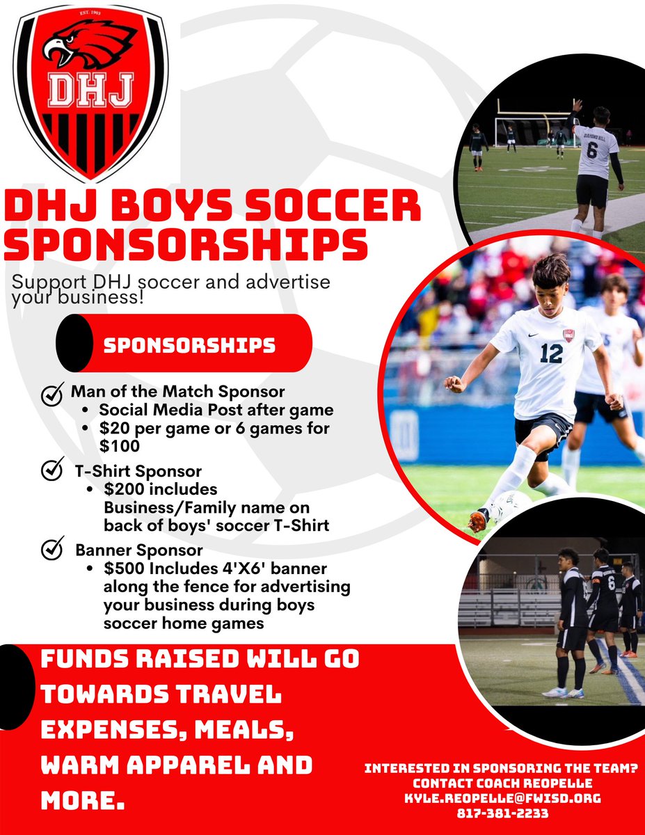 DHJboysSoccer's tweet photo. Want to support your Eagles and advertise your business? Become a  sponsor of the boys soccer team! Comment, DM or reach out to Coach Reo directly if you’re interested (see flyer)
Funds will go towards meals, warm clothes and more. 
#WeAreDiamondHill https://t.co/HhgRZ5yy0C