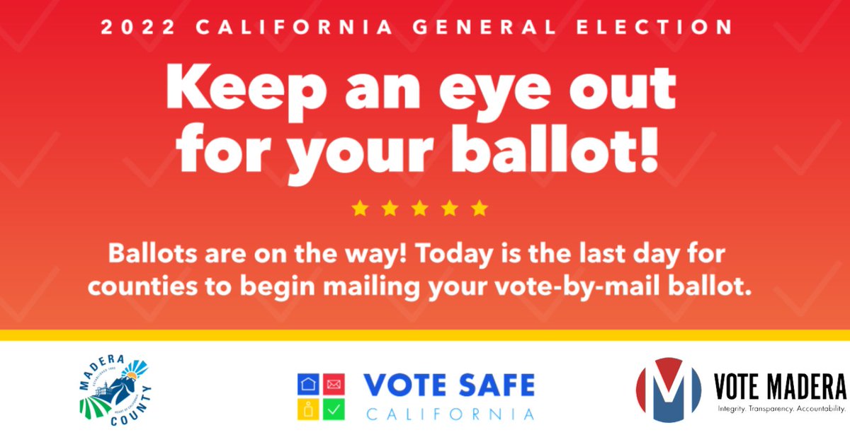 MaderaElections's tweet photo. BALLOTS ARE ON THE WAY! 🗳
Today is the last day for counties to
begin mailing ballots. Keep an eye out for your ballot in the mail.

LAS BOLETAS ELECTORALES ESTAN EN CAMINO!🗳
Hoy es el ultimo dia que los condados tiene para mandar su boleta electoral! #VoteMadera https://t.co/3UiU9a5qBv