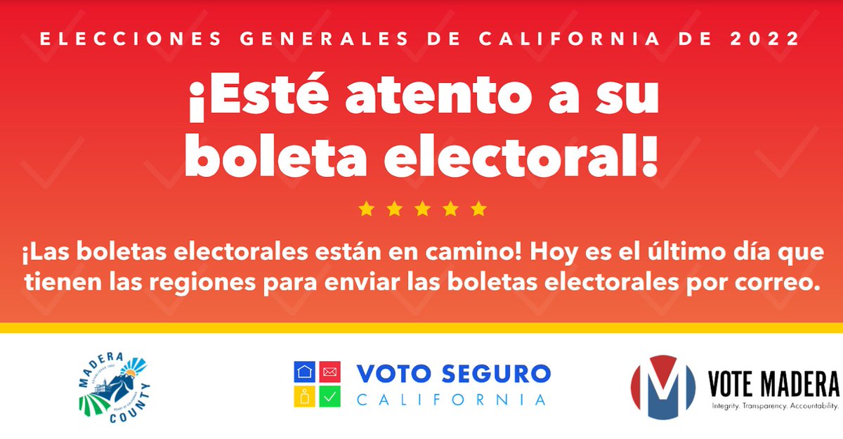 MaderaElections's tweet photo. BALLOTS ARE ON THE WAY! 🗳
Today is the last day for counties to
begin mailing ballots. Keep an eye out for your ballot in the mail.

LAS BOLETAS ELECTORALES ESTAN EN CAMINO!🗳
Hoy es el ultimo dia que los condados tiene para mandar su boleta electoral! #VoteMadera https://t.co/3UiU9a5qBv