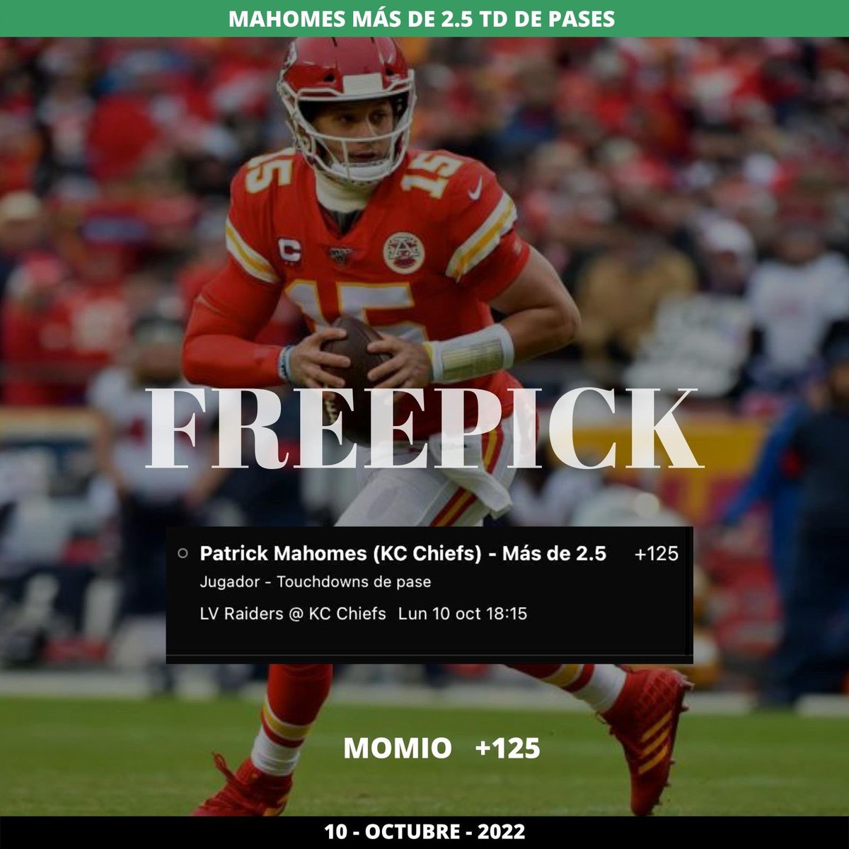 gamster_picks's tweet photo. Listos los #freepicks para este #MNF 

Mahomes Ovr 2.5 pases de TD +125

Ovr 55.5 pases completos -105 💸

D.Adams anota TD +140💰

D.Carr 0vr 0.5 intercepciones -115🏈

Dale RT y 💚 si nos sigues hoy! 💸
#NFL #MNF #RaiderNation #Chiefs #Mahomes #FreePickClub #NFLTwitter https://t.co/2rTZEkGCGP