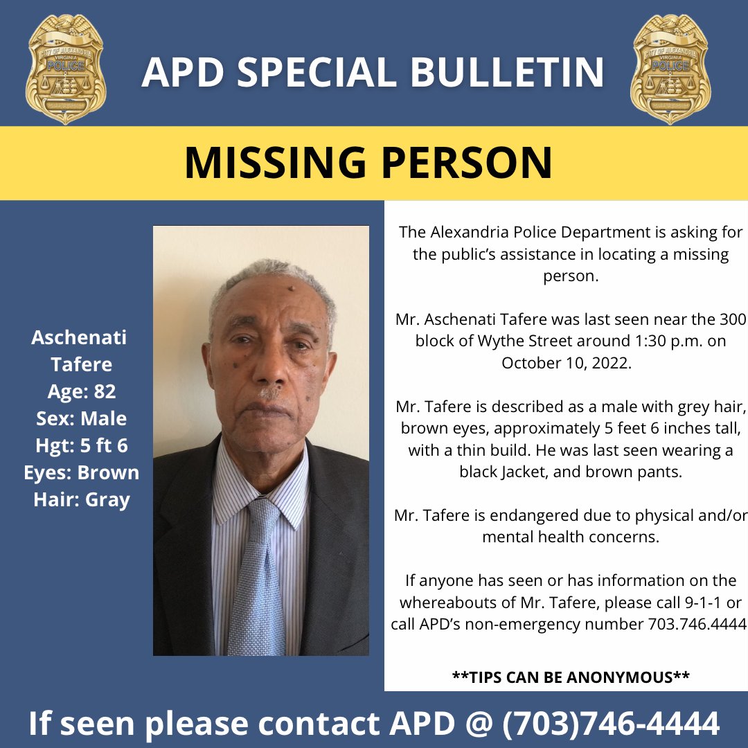 AlexandriaVAPD's tweet image. Missing Person:: The Alexandria Police Department is asking for the public’s assistance in locating a missing person.