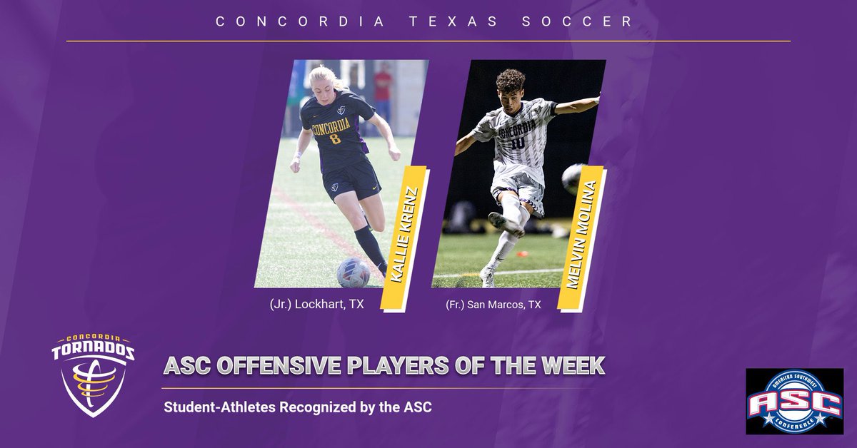 CTXAthletics's tweet photo. Kallie Krenz &amp; Melvin Molina were both named @ASC_sports Co-Offensive Players of the Week!

Krenz won the award for the second week in a row with 3 goals &amp; 1 game winner.

Molina tallied 4assists in 2 games! #TornadoNation 

📰: https://t.co/WNtZ4TVAjw https://t.co/pLgDQrolkt
