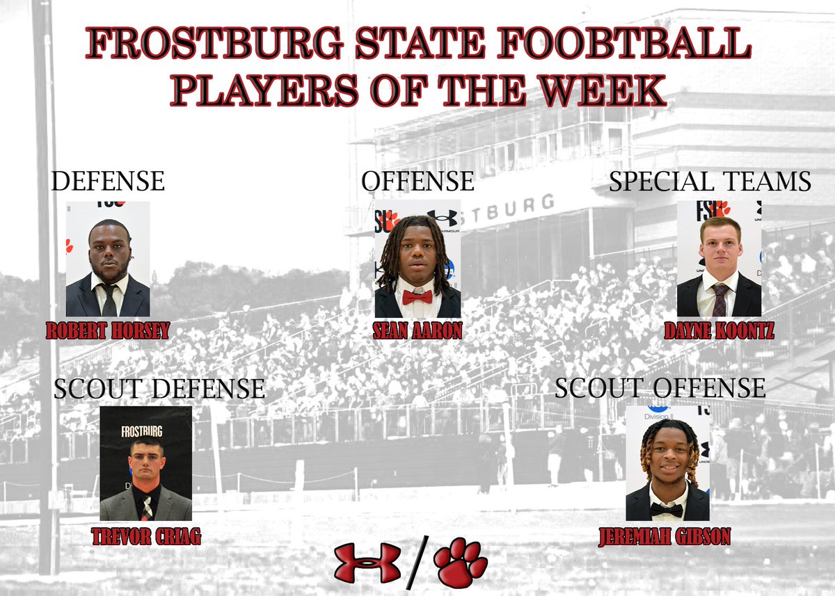 FrostburgFB's tweet photo. Back in the win column! That means we can get back to presenting your week 6️⃣ players of the week! @_bigrob55 @Sean27Aaron Bone crusher AKA #twitterlessdayne @GabeElfiky @MylesFulton4 https://t.co/6l2p7t6dy1