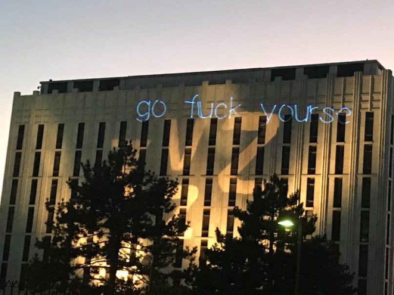 AdamParkhomenko's tweet photo. Someone is shining some amazing lights on the Russian Embassy in Washington, DC tonight https://t.co/JaTJNuuQno