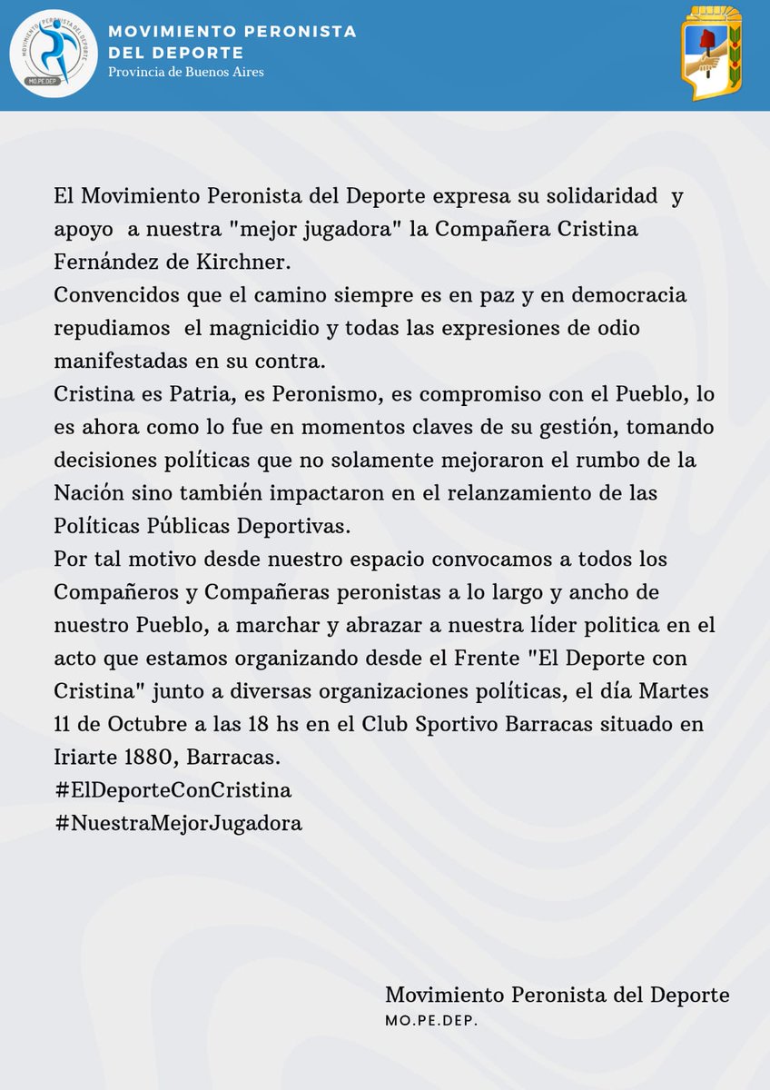 mopedep's tweet photo. Cristina es Patria 
Cristina es Peronismo
Cristina es nuestra Mejor jugadora 

#eldeporteconcristina
#nuestramejorjugadora

🕕 18:00
📌 Club Sportivo Barracas https://t.co/eBdik4s8bt
