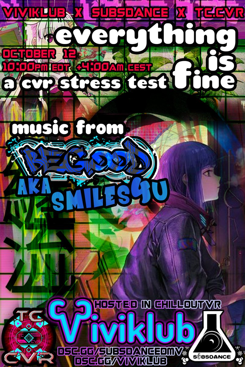 VoyVivika's tweet photo. I've got more information so I can announce this again.

In Collab with @Subsdance_DMV and The Cavern we're going to be hosting The "Everything is Fine" Stress Test Event for #ChillOutVR in the #Viviklub on October 12th @ 10 PM!

ANYONE WHO CAN ATTEND PLEASE DO! #SocialVR #VR https://t.co/fLbbkpW7W6