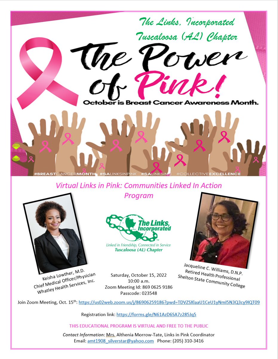 TuscAlLinksInc's tweet photo. October is Breast Cancer Awareness Month. Become educated! Register to join us.

https://t.co/TPX7RetjU8 https://t.co/2mN2lYg6BZ