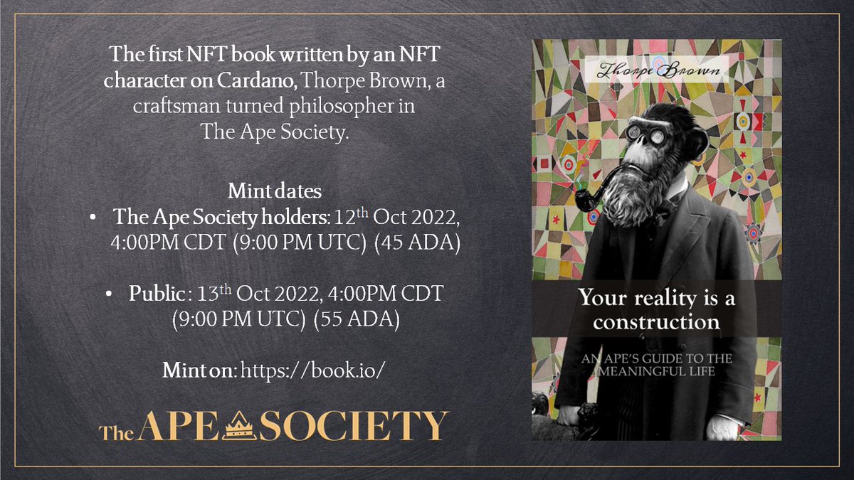 sfumato44's tweet photo. Save the date for #BookMint of "Your reality is a construction"🚀✨
- @the_ape_society holders: 12th Oct 2022, 9:00 PM UTC (45 ADA)
- Public: 13th Oct 2022, 9:00 PM UTC (55 ADA)
Mint on: https://t.co/fu3zp0QQL5 @book_io
16 unique covers, max 3 per mint.
#CNFT #NFT #Cardano https://t.co/3pU7HvUIRk