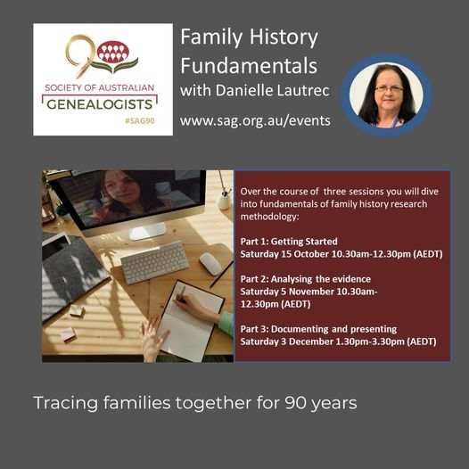 SocAustGen's tweet photo. Needing some rigour in your genealogy finds? Over 3 online sessions from this Saturday,@DanielleLautrec  will take you through fundamentals of family history research methodology-all welcome! Registration: https://t.co/596sOGFy8b
#SAG90 #familyhistory #genealogy #lifelonglearning https://t.co/d2E6T1Qf9L
