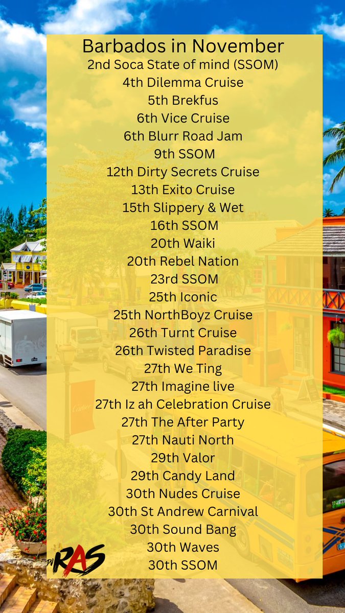 djrasbim's tweet photo. As promised here is a list of events I know of happening in Barbados for November ! #comepartywithus #visitbarbados #party #republic #independence #barbados #djras https://t.co/Uj3oItcYZ1