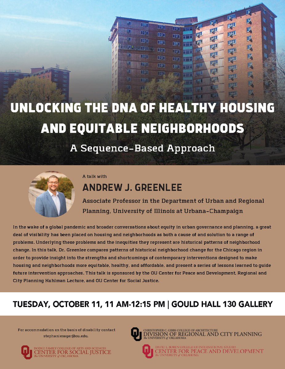 OUSocialJustice's tweet photo. Will we see you at tomorrow’s event in Gould Hall 130 Gallery from 11am-12:15pm? 
 
Dr. Greenlee joins us to compare patterns of historical neighborhood change for the Chicago region in order to provide insight into the strengths and shortcomings of contemporary interventions. https://t.co/3YYX0Pzmih