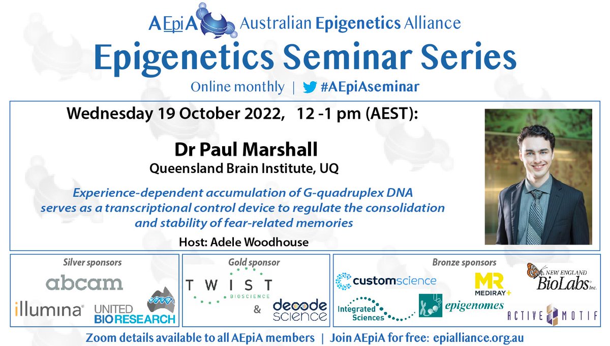 Our next #AEpiAseminar is next week: Weds 19 Oct 12noon AEST Speaker: Dr Paul Marshall @QldBrainInst Paul will be talking about his work on G-quadruplex DNA, neurons and memory Don't miss it—zoom details going to all our members! epialliance.org.au/epigenetics-se… #neuroscience #DNA