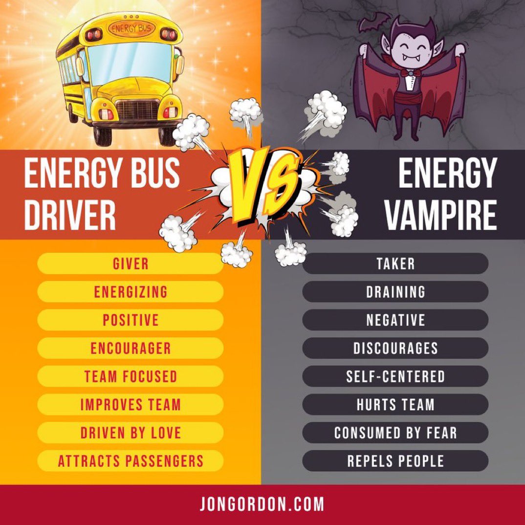 Every day we get to choose our attitude and how we show up for the people around us. Be an Energy Bus Driver! No Energy Vampires allowed.