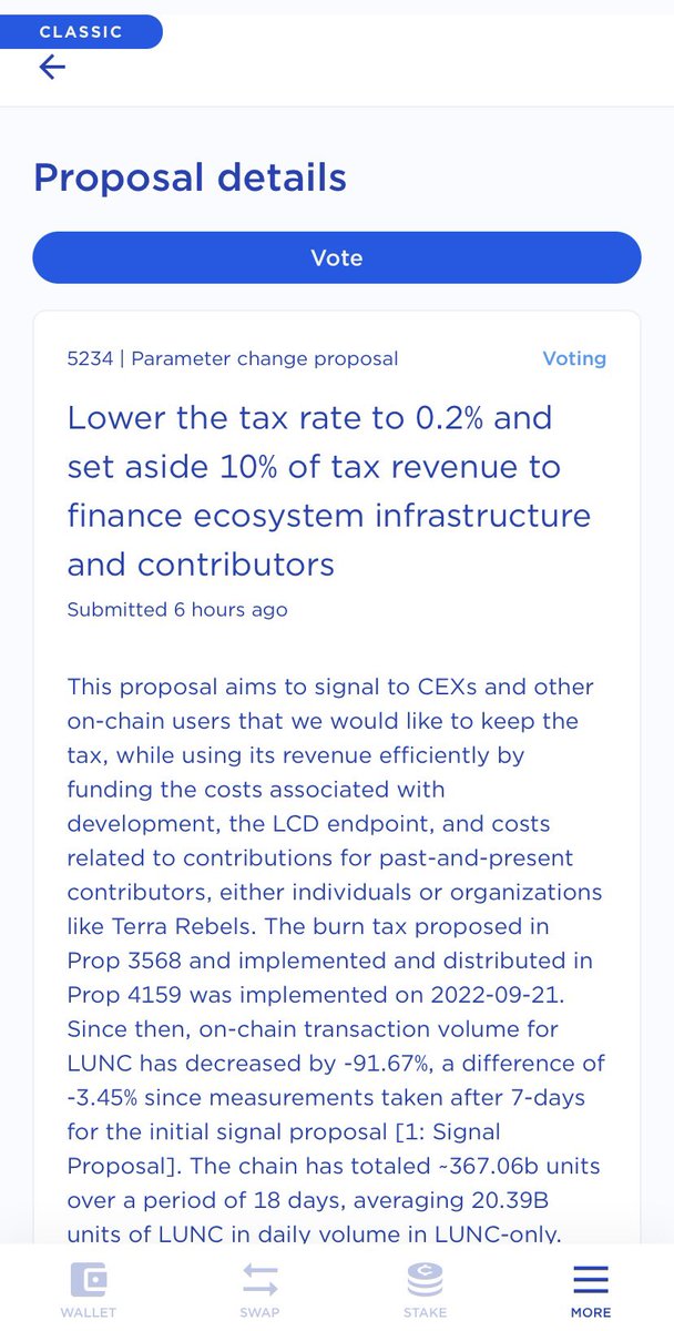 MrDiamondhandz1's tweet photo. Another proposal calling for a vote to decrease the on chain tax to 0.2% and to take 10% of the tax revenue to finance ecosystem infrastructure and contributors. Make sure to vote #LUNCARMY make your voices heard. 🌕🌙🌕🌙🔥🔥🔥🚀🚀🚀💎🤲🏻 #LUNC $LUNC https://t.co/SVMHLx6XHG