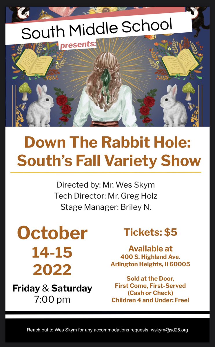 Come see our Variety Show this Friday or Saturday at 7pm!

Tickets will be sold at the door on a first come, first served basis with general seating. $5 per person Cash or Check made out to South Middle School. 
<a href="/SMSCrArts/">South Creative Arts</a> <a href="/AHSD25South/">South Middle School</a> <a href="/ahsd25/">ArlingtonHeightsSD25</a> #D25ItsPersonal