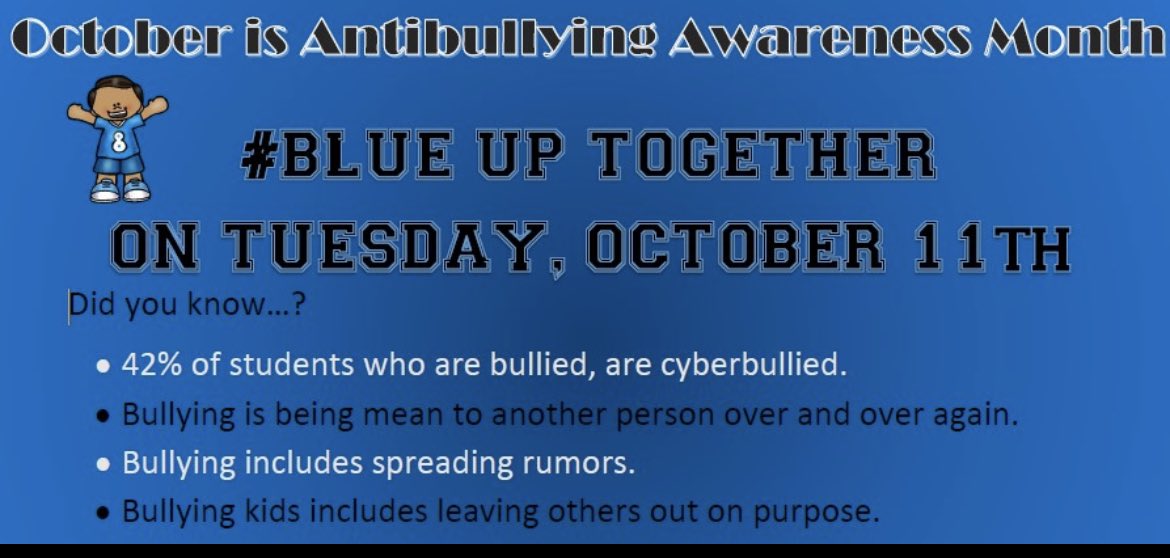 We wear Blue to Raise Anti-Bullying Awareness! #BlueUp #BetterTogether #HuskyHowl <a href="/CFISDHolmsley/">Holmsley Elementary</a>