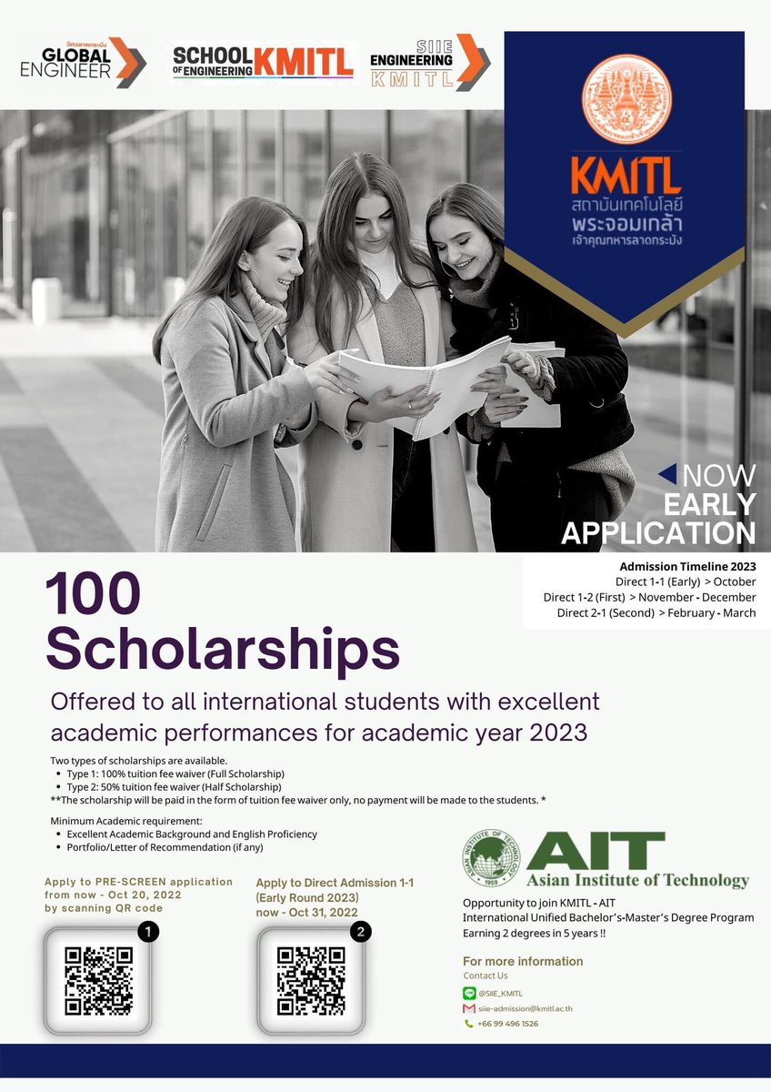 AITunified's tweet photo. EYES HERE! KMITL100 Bachelor Scholarship Alert!
1. Apply to the pre-application (scan QR code in the poster or click 👉 https://t.co/JZ1L5BEdnN 👈 from NOW until Oct 20, 2022
#aitunified #ait #kmitl https://t.co/0eSdnfZvgb