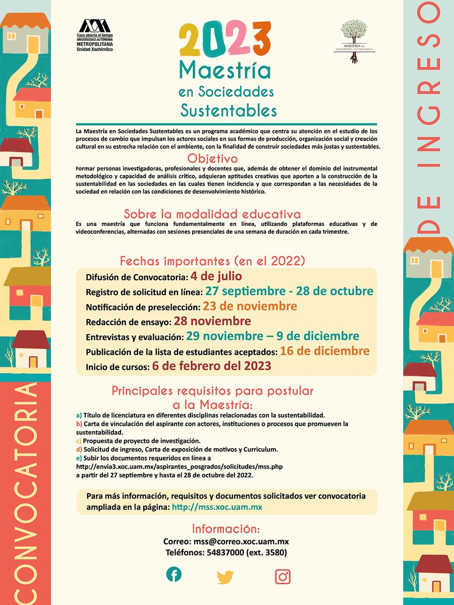 lauammx's tweet photo. ¡Inscríbete! Maestría en Sociedades Sustentables 2023
.
🗓 Inicio: noviembre 6
🗓 Recepción de documentos: hasta octubre 28
🌐 https://t.co/qmGkQsHEpJ
📧 mss@correo.xoc.uam.mx
📲 55 5483 7000, Ext. 3580
.
#UAM #SoyUAM
#PosgradoUAM
#UniversidadSustentable
#UAMXochimilco https://t.co/4o3Eu3DPJ6
