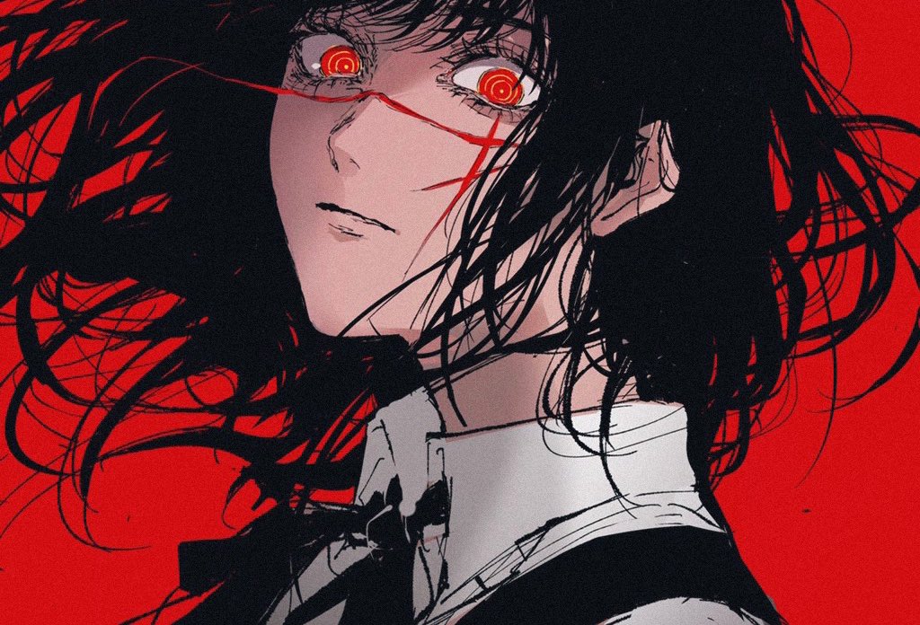 1girl solo ringed eyes black hair red background scar on face scar  illustration images