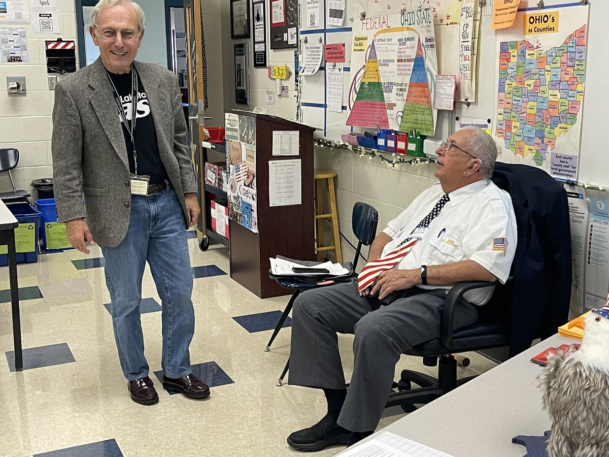 LEHSAPGOV's tweet photo. Two of my favorites in the LEHS building today: LARRY DUFF (retired East science teacher) subbing across the hall and JACK BIRDSONG presenting educational American Legion programs to my AP Gov students. Both shared stories of being drafted into the Vietnam War, priceless ❤️. https://t.co/sIjAzP0gji