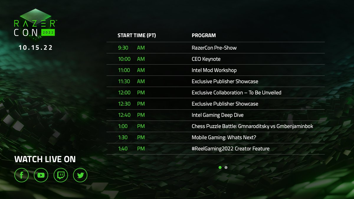 Razer's tweet photo. ✅ Major Announcements
✅ Special Guests
✅ Musical Performances

From exclusive collaborations to exciting giveaways, #RazerCon2022 is packed with a full day of gaming goodness. Tune in on Oct 15, 9:30AM PT to be a part of our biggest event of the year: https://t.co/ZLnn85mBn5 https://t.co/jFATawM2ir