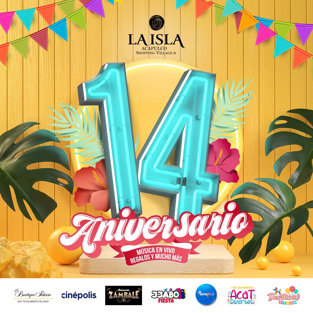 ¡Gracias por acompañarnos estos 14 años en #LaIslaAcapulco! 🥳
No te pierdas el festejo de nuestro aniversario, tendremos diferentes shows, cabina de fotos, musica en vivo, regalos y mucho más.
15 y 16 de octubre | A partir de las 6:30 PM