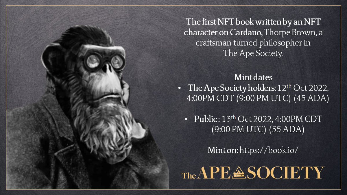 sfumato44's tweet photo. Save the date for #BookMint of "Your reality is a construction"(n = 2000)🚀✨
- @the_ape_society holders: 12th Oct 2022, 9:00 PM UTC (45 ADA)
- Public: 13th Oct 2022, 9:00 PM UTC (55 ADA)
Mint on: https://t.co/ZEp57iDOj6 @book_io; 16 unique covers, max 3 per mint #CNFT #NFT https://t.co/muUoVP8uXP