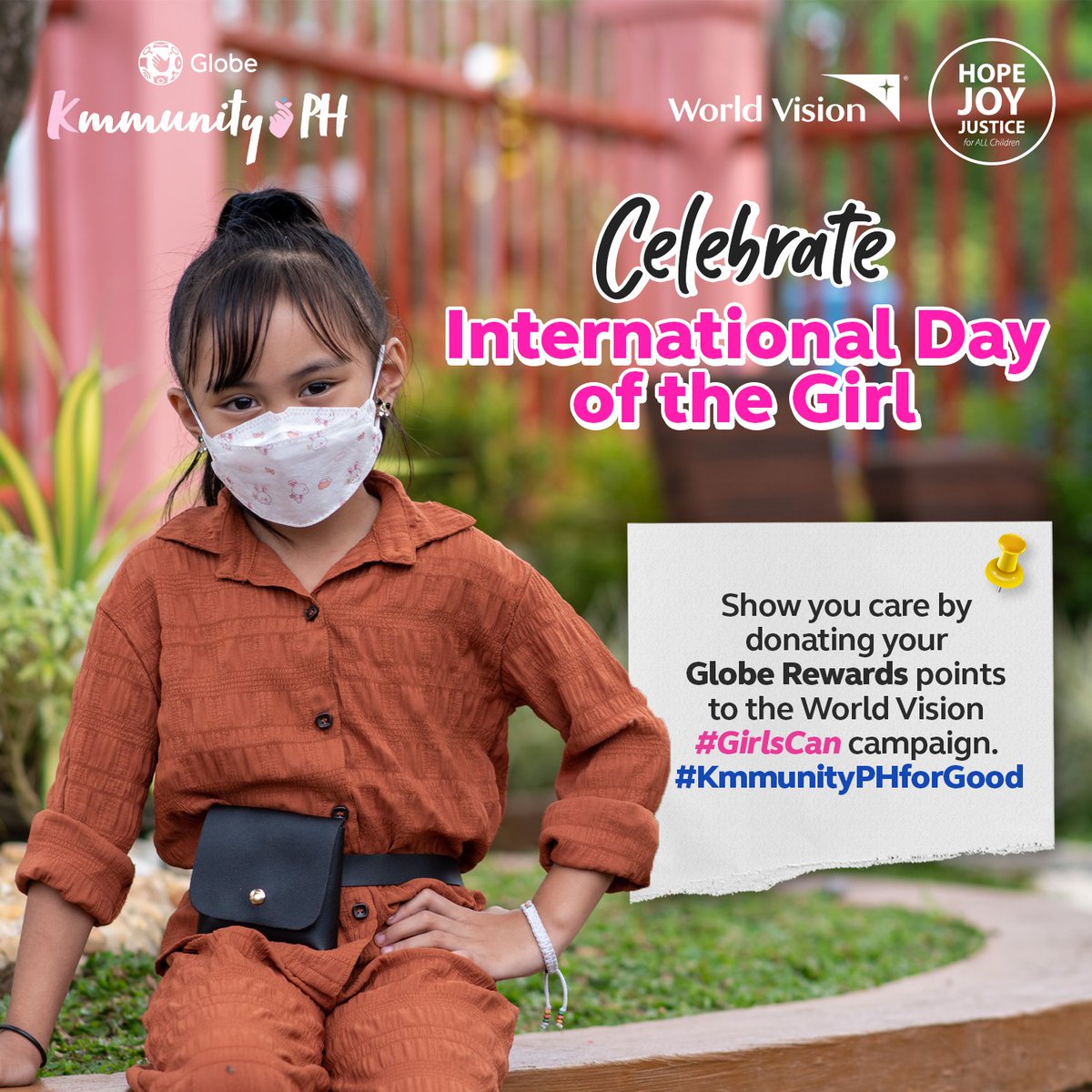 KmmunityPH's tweet photo. Happy International Day of the Girl! ๐ In support of World Vision's #GirlsCan Campaign, you can donate your Globe Rewards points via the GlobeOne app starting tomorrow, October 12. Just like how our idols support social causes, letโs be part of #KmmunityPHforGood. ๐ค https://t.co/3KkmZxEfxn