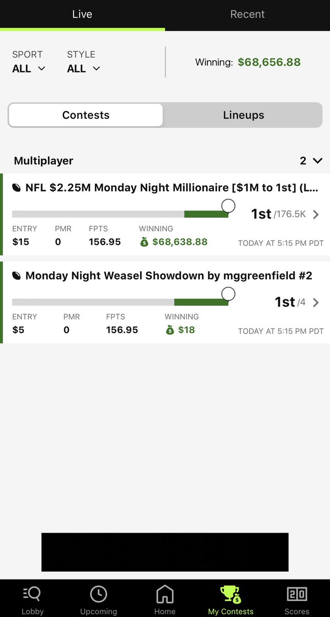 davidsingervine's tweet photo. I’ve written a #1 song but this is the craziest thing that’s ever happened to me lol bless u @DraftKings @Chiefs @Raiders #DraftKingsMNF #DraftKings #FantasyFootball https://t.co/sBQcDhuuwF