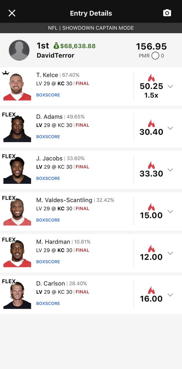 davidsingervine's tweet photo. I’ve written a #1 song but this is the craziest thing that’s ever happened to me lol bless u @DraftKings @Chiefs @Raiders #DraftKingsMNF #DraftKings #FantasyFootball https://t.co/sBQcDhuuwF