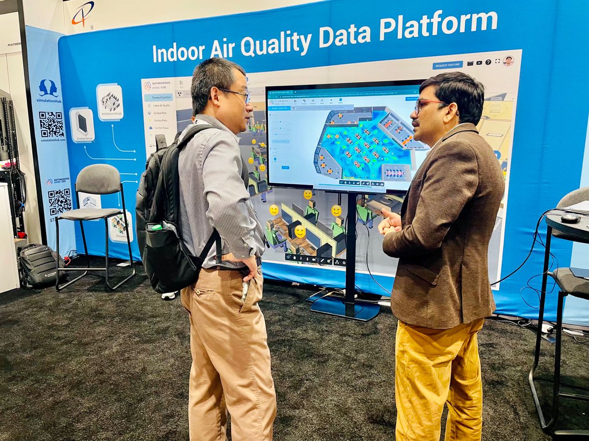 CCTech_India's tweet photo. @sandipnjadhav met Yi Liu, @Trane_Tech's senior manager at #AU2022. Yi Liu showed deep interest in our Autonomous HVAC CFD application of @simulation_hub powered by @AutodeskAPS for Indoor Air Quality and thermal comfort prediction. 

#hvac #technology #cctech #IndoorAirQuality https://t.co/6ec7tFrBp6